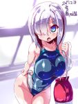  1girl 2017 bag blue_eyes blue_swimsuit competition_swimsuit dated hair_ornament hair_over_one_eye hairclip hamakaze_(kantai_collection) kantai_collection leaning_forward miuku_(marine_sapphire) one-piece_swimsuit rei_no_pool short_hair signature silver_hair solo swimsuit towel twitter_username 