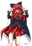 1girl bare_legs black_blouse blouse blush bow breasts cape hair_bow large_breasts long_sleeves miniskirt pleated_skirt red_cape red_eyes red_skirt redhead sekibanki skirt tatsuya_(guild_plus) touhou 