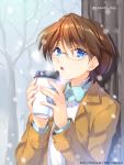  1boy accel_world artist_name blue_eyes brown_hair coffee glasses jacket male_focus mayuzumi_takumu open_mouth snowing solo tree trianon upper_body 
