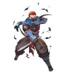  1boy dagger fire_emblem fire_emblem_heroes fire_emblem_if full_body gloves highres lack male_focus mask official_art one_eye_closed red_eyes redhead saizou_(fire_emblem_if) sandals scar scarf socks solo torn_clothes transparent_background weapon 