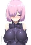  1girl 3: armor armored_dress arms_at_sides arms_behind_back bangs batsu blush breasts closed_mouth embarrassed eyebrows_visible_through_hair fate/grand_order fate_(series) hair_over_one_eye large_breasts lavender_hair looking_down nose_blush purple_hair shielder_(fate/grand_order) short_hair simple_background solo sweatdrop twitter_username upper_body violet_eyes white_background 