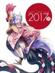  1girl 2017 absurdres bird chicken fan fox_girl fox_tail happy_new_year highres japanese_clothes kazuki_seihou kimono new_year original revision rooster short_hair silver_hair slit_pupils solo tail translated year_of_the_rooster yellow_eyes 