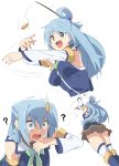  +_+ 1girl :d ? aqua_(konosuba) ass blue_eyes blue_hair blush bow bowtie coin detached_sleeves flying_sweatdrops green_bow green_bowtie hair_ornament highres kono_subarashii_sekai_ni_shukufuku_wo! long_hair muchi_maro no_panties open_mouth skirt smile solo sweat sweatdrop tearing_up tears thigh-highs 