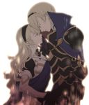  ) 1girl armor blonde_hair female_my_unit_(fire_emblem_if) fire_emblem fire_emblem_if gloves hug kizuki_miki leon_(fire_emblem_if) long_hair my_unit_(fire_emblem_if) pointy_ears simple_background smile white_hair 