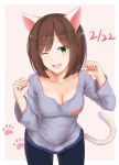  1girl ;d animal_ears bangs beige_background black_pants breasts brown_hair cai_geng cat_ears cat_tail cleavage collarbone eyebrows_visible_through_hair green_eyes idolmaster idolmaster_cinderella_girls leaning_forward long_sleeves maekawa_miku medium_breasts one_eye_closed open_mouth pants parted_bangs paw_pose purple_shirt shirt short_hair simple_background smile solo standing t-shirt tail 