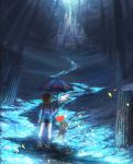  androgynous brown_hair castle column facing_away frisk_(undertale) heart highres monster_kid_(undertale) pillar ruins scenery shaonav shirt standing striped striped_shirt umbrella undertale wading 