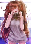  1girl ;d absurdres brown_hair camera eyebrows eyebrows_visible_through_hair girls_frontline hair_between_eyes hair_ribbon highres long_hair looking_at_viewer meme_attire messy_hair nishiro_ryoujin one_eye_closed open_mouth qbz-97_(girls_frontline) ribbon smile solo sweater twintails virgin_killer_sweater yellow_eyes 