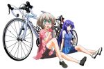  2girls bicycle bike_shorts blue_eyes blue_hair blush bottle commentary_request eating ground_vehicle kurata_ami long_hair long_riders! miyake_taishi multiple_girls niigaki_aoi road_bicycle shoes short_sleeves simple_background sitting skirt water_bottle white_background 