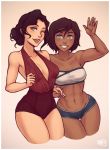  2girls ;d arm asami_sato avatar_(series) bandeau bare_arms bare_legs bare_shoulders bikini black_hair blue_eyes blush breasts brown_hair cleavage clenched_teeth collarbone couple dark_skin green_eyes grin hand_holding happy highres iahfy korra legs lips lipstick looking_at_viewer medium_breasts midriff multiple_girls mutual_yuri navel neck nickelodeon one_eye_closed open_mouth red_lipstick round_teeth short_hair smile strapless_bikini strapless_swimsuit swimsuit teeth the_legend_of_korra toned tubetop waving wink yuri 