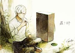  1boy cigarette ginko green_eyes hair_over_one_eye leaf male_focus medicine_box mushishi sitting smoke tree tsubaki_(teatime0) white_hair 