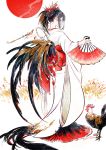  1girl animal bird black_feathers black_hair chicken fan feathers full_body hair_ornament highres japanese_clothes kaisen kimono long_hair new_year original pipe rooster year_of_the_rooster 