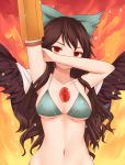  1girl adapted_costume arm_cannon arm_up armpits bare_shoulders bikini bird_wings bow breasts brown_hair cape collarbone green_bikini green_bow hair_bow highres long_hair looking_at_viewer medium_breasts miyo_(ranthath) navel red_eyes reiuji_utsuho solo spread_wings stomach swimsuit third_eye touhou upper_body wavy_hair weapon wings 
