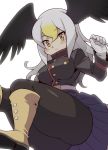  1girl ass bald_eagle_(kemono_friends) belt black_legwear black_wings blonde_hair blue_skirt blush boots breast_pocket breasts buttons clenched_hand commentary_request curvy eyebrows eyebrows_visible_through_hair feathered_wings feathers from_below gloves gradient_hair hair_between_eyes hand_up head_wings highres kemono_friends landing long_sleeves looking_at_viewer looking_down multicolored_hair nama014 pantyhose pleated_skirt pocket shoe_soles silver_hair simple_background skirt smile solo thick_thighs thighs tsurime two-tone_hair white_background white_gloves wings yellow_boots yellow_eyes 