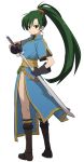  1girl black_shirt boots brown_boots drawing_sword fire_emblem fire_emblem:_rekka_no_ken gloves green_eyes green_hair hairband high_ponytail leon_(mikiri_hassha) long_hair looking_at_viewer looking_back lyndis_(fire_emblem) ponytail red_hairband shirt smile solo sword very_long_hair weapon yellow_sash 