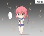  1girl 1koma ahoge blouse blush cellphone chibi comic eyebrows_visible_through_hair goma_(yoku_yatta_hou_jane) hair_between_eyes i-168_(kantai_collection) jitome kantai_collection long_hair necktie phone pink_eyes pink_hair ponytail school_swimsuit shaded_face sidelocks simple_background smartphone swimsuit tied_hair 