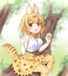  1girl animal_ears animal_print bare_shoulders blonde_hair blush bow bowtie breasts cat_ears cat_tail elbow_gloves faubynet gloves highres in_tree kemono_friends looking_at_viewer open_mouth serval_(kemono_friends) serval_ears serval_tail shirt short_hair sitting sitting_in_tree skirt sleeveless sleeveless_shirt solo tail thigh-highs tree white_shirt yellow_eyes 