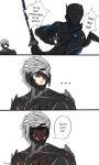  ... 2boys 3koma blue_eyes comic crossover cyborg english eyepatch genji_(overwatch) highres metal_gear_(series) metal_gear_rising:_revengeance multiple_boys overwatch raiden shisarou short_hair sword trait_connection visor weapon white_hair 