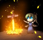  1girl arms_up blue_eyes burning commentary_request cross crucifix daiyousei dress embers fairy fairy_wings fire food green_hair hair_between_eyes hair_ribbon kuresento long_hair night pinafore_dress ribbon shaded_face shirt short_sleeves side_ponytail solo sweet_potato touhou wings 