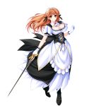  1girl amasaka_takashi boots breasts cleavage dress full_body gloves headdress highres holding holding_sword holding_weapon large_breasts long_hair looking_at_viewer mariel_esterido official_art orange_eyes orange_hair smile solo sword transparent_background underbust unionism_quartet weapon white_gloves 