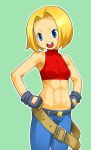  1girl 1zu3 abs armpits bare_shoulders belt blonde_hair blue_eyes blue_mary blush breasts denim fatal_fury fingerless_gloves gloves halter_top halterneck jeans midriff muscle navel pants short_hair smile solo the_king_of_fighters 