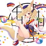  1girl :d animal_ears ass ball bangs beachball blonde_hair confetti fang flower fox_ears fox_tail full_body geta hair_ribbon hat holding japanese_clothes knee_up kneehighs leg_up open_mouth original red_eyes ribbon smile solo tail tougetsu_hajime twintails white_background white_legwear wide_sleeves 