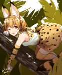  1girl 2017 animal_ears animal_print bare_shoulders blonde_hair blurry blush bow bowtie breasts cat_ears cat_tail dated depth_of_field elbow_gloves gloves in_tree kemono_friends looking_at_viewer nabeshima_tetsuhiro one_eye_closed open_mouth serval_(kemono_friends) serval_ears serval_tail shirt short_hair skirt sleeveless sleeveless_shirt smile solo tail thigh-highs top-down_bottom-up tree twitter_username white_shirt yellow_eyes 
