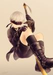  1boy artist_name black_gloves blindfold boots choker gloves light_frown male_focus nier_(series) nier_automata noeyebrow_(mauve) shorts silver_hair solo sword weapon yorha_no._9_type_s 
