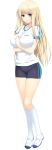  1girl absurdres bike_shorts blonde_hair blue_eyes breasts crossed_arms eyebrows_visible_through_hair full_body gym_uniform highres iizuki_tasuku kneehighs large_breasts long_hair lovely_x_cation lovely_x_cation_2 official_art shoes short_sleeves solo transparent_background uwabaki white_legwear yoshinoya_seine 