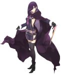 1girl breasts cape dress miruto_netsuki one_eye_covered purple_hair short_dress side_slit sideboob thigh-highs violet_eyes 