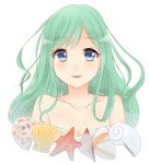  1girl aqua_hair artist_name blue_eyes borrowed_character breasts cleavage collarbone fikkyun open_mouth original round_teeth seashell shell signature smile solo starfish teeth transparent_background upper_body 