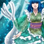  1girl blue_eyes blue_hair breasts frilled_kimono frills green_kimono head_fins highres japanese_clothes juurouta_(pixiv3673286) kimono kimono_skirt long_sleeves medium_breasts mermaid monster_girl obi sash see-through_silhouette solo touhou transparent_sleeves wakasagihime wide_sleeves 