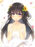  1girl bangs black_hair blue_eyes blush breasts cleavage closed_mouth collarbone commentary_request dress eyebrows_visible_through_hair fingers_together hair_between_eyes half-closed_eyes highres jiiwara looking_at_viewer medium_breasts original own_hands_together petals smile solo sundress upper_body white_background white_dress 