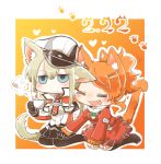  2girls :&lt; :d =_= ^_^ ^o^ anchor animal_ears aquila_(kantai_collection) bangs black_gloves black_legwear black_skirt blonde_hair blue_eyes blush capelet cat_day cat_ears cat_tail chibi closed_eyes closed_mouth coffee_cup cup dated dress expressionless eyebrows_visible_through_hair fang full_body gloves graf_zeppelin_(kantai_collection) hair_between_eyes hair_ornament hairclip happy hat heart holding holding_cup holding_hand iron_cross jitome kantai_collection kemonomimi_mode kneeling long_sleeves looking_afar motion_lines multiple_girls necktie nose_blush open_mouth orange_gloves orange_hair outline pantyhose peaked_cap pleated_skirt ponytail rebecca_(keinelove) red_dress red_necktie sitting skirt smile steam swept_bangs tail white_hat yokozuwari 