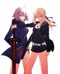  2girls belt blonde_hair casual chietori fate/grand_order fate_(series) fur_trim hand_on_hip jacket jeanne_alter jewelry multiple_girls necklace ruler_(fate/apocrypha) saber saber_alter shorts silver_hair skirt sword weapon yellow_eyes 