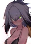  1girl arms_at_sides bare_arms bare_shoulders bikini_top black_hair blush breasts cleavage closed_mouth collarbone eyebrows_visible_through_hair green_eyes grey_bikini grey_bikini_top grey_hair hair_between_eyes highres kemono_friends large_breasts looking_at_viewer multicolored_hair serious shoebill_(kemono_friends) silver_hair simple_background solo strap_gap sweat try tsurime two-tone_hair upper_body white_background 