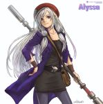 1girl alyssa_l&#039;salle artist_name belt black_dress character_name copyright_name cosmic_star_heroine dice9999 dress hand_on_hip hat highres jacket long_coat long_hair pantyhose satchel signature silver_hair simple_background solo staff violet_eyes weapon white_background