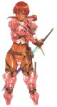  1girl armor armored_boots belt boots cropped_legs dark_skin earrings gloves holding holding_sword holding_weapon jewelry long_hair navel pink_eyes ponytail redhead sheath shiny shiny_skin simple_background smile solo sword traditional_media water weapon white_background 