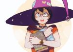  1girl black_hair book brown_eyes choker erica_june_lahaie glasses hat holding holding_book open_mouth original round_teeth semi-rimless_glasses short_hair signature solo teeth under-rim_glasses upper_body watch watch witch_hat 