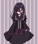  1girl absurdres ageha_(ray-k) asymmetrical_sleeves black_dress black_hair borrowed_character bow doll_joints dress eyepatch frilled_dress frilled_sleeves frills gothic_lolita hair_between_eyes highres houshin_usagi juliet_sleeves lolita_fashion long_hair long_sleeves looking_at_viewer neck_ribbon original puffy_sleeves red_eyes ribbon simple_background sleeves_past_wrists slit_pupils smile solo striped vertical-striped_background vertical_stripes 