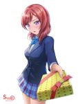  1girl artist_name blazer blurry blush bow breasts depth_of_field foreshortening gift highres holding holding_gift incoming_gift jacket looking_at_viewer love_live! love_live!_school_idol_project medium_breasts nishikino_maki parted_lips redhead school_uniform shamakho short_hair simple_background skirt solo valentine violet_eyes white_background 