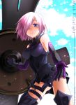  1girl armor armored_dress bare_shoulders blue_sky blush breasts character_name clouds elbow_gloves fate/grand_order fate_(series) gloves gluteal_fold hair_over_one_eye medium_breasts messy_hair outstretched_hand purple_hair shield shielder_(fate/grand_order) short_hair skindentation sky solo thigh_strap thighs tmgn violet_eyes 