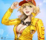  1girl bikini_top blonde_hair breasts cidney_aurum cleavage erica_june_lahaie final_fantasy final_fantasy_xv goggles goggles_around_neck hat hat_tip jacket large_breasts lens_flare lips open_mouth partially_unzipped signature smile solo telephone_pole upper_body watermark web_address yellow_eyes 