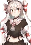  1girl absurdres adapted_costume amatsukaze_(kantai_collection) black_gloves black_skirt brown_eyes fingerless_gloves frown gloves highres kantai_collection long_hair midriff pleated_skirt ranf sailor_collar short_sleeves silver_hair skirt solo two_side_up white_background 