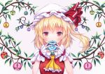  1girl apple ascot bangs blonde_hair blush crystal flandre_scarlet food frilled_shirt_collar frills fruit hat hat_ribbon kittona looking_at_viewer mob_cap puffy_short_sleeves puffy_sleeves red_eyes red_ribbon ribbon short_sleeves side_ponytail solo touhou traditional_media upper_body watercolor_pencil_(medium) wings wrist_cuffs 