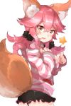  1girl absurdres animal_ears black_shorts blush breasts brown_eyes fate/extra fate_(series) fox_ears fox_tail from_side hair_between_eyes hand_on_own_chest hands_up highres large_breasts long_hair looking_at_viewer open_mouth pink_hair ranf shorts simple_background sleeves_past_wrists smile solo star tail tamamo_(fate)_(all) tamamo_no_mae_(fate) upper_body wavy_hair white_background 
