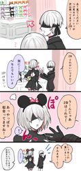  1boy 1girl animal_ears blindfold couple disney dress gloves headband mole mouse_ears nier_(series) nier_automata open_mouth rabbit_ears short_hair smile translation_request white_hair yorha_no._2_type_b yorha_no._9_type_s 