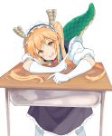 1girl :d blonde_hair desk dragon_girl dragon_horns dragon_tail gloves highres horns kobayashi-san_chi_no_maidragon long_hair looking_at_viewer maid_headdress necktie open_mouth puffy_short_sleeves puffy_sleeves school_desk shooene short_sleeves sitting slit_pupils smile solo tail tail_raised teeth tooru_(maidragon) twintails white_gloves