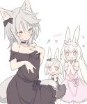 3girls animal_ears blade_(galaxist) blush commentary commentary_request dress heart kirara_ookami long_hair low-tied_long_hair multiple_girls official_art open_mouth pink_hair pop-up_story rabbit_ears red_eyes rita_drake ruri_ookami short_hair siblings silver_hair sisters smile tail white_hair wolf_ears wolf_tail yellow_eyes 