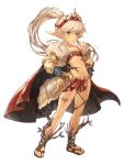  1girl blue_eyes cape detached_sleeves frown full_body fur hands_on_hips high_ponytail highres loincloth long_hair long_ponytail looking_at_viewer matilda_penthesilea mitra_sphere navel official_art pointy_ears ponytail simple_background solo standing tiara white_background white_hair 