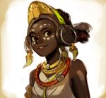  1girl brown_eyes brown_hair commentary dark_skin earrings efi_oladele facepaint headphones jewelry lips neck_ring nose overwatch sleeveless smile solo upper_body velocesmells very_dark_skin 